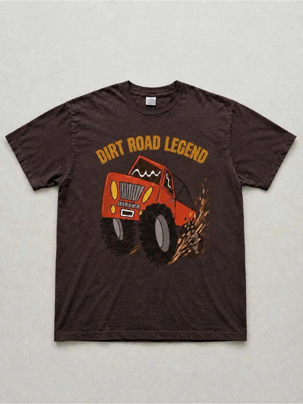 Gildan Brown Tee with Orange Red Truck Graphic - "Dirt Road Legend"